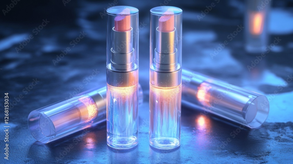 Elegant Gold and Clear Glass Lipsticks Arranged on Reflective Dark Surface in Studio Elegant Gold and Clear Glass Lipsticks Arranged on Reflective Dark Surface in Studio