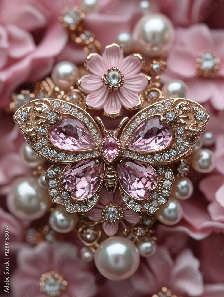 Delicate Pink Butterfly Brooch Adorned With Pearls and Diamonds Delicate Pink Butterfly Brooch Adorned With Pearls and Diamonds