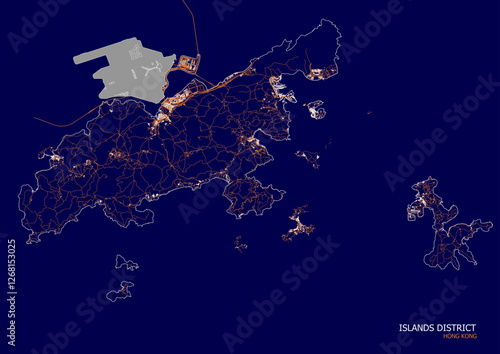 vector map of highways and buildings in islands district of hongkong with blue and orange color