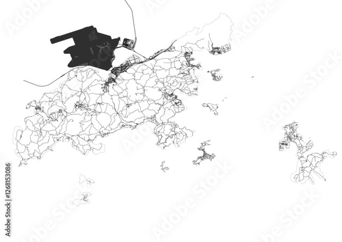 vector map of highways and buildings in islands district of hongkong with black and white color