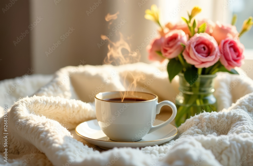 hot coffee in white mug, white cozy blanket, spring atmosphere, sunny day, bouquet of flowers in vase, card, copy space hot coffee in white mug, white cozy blanket, spring atmosphere, sunny day, bouquet of flowers in vase, card, copy space