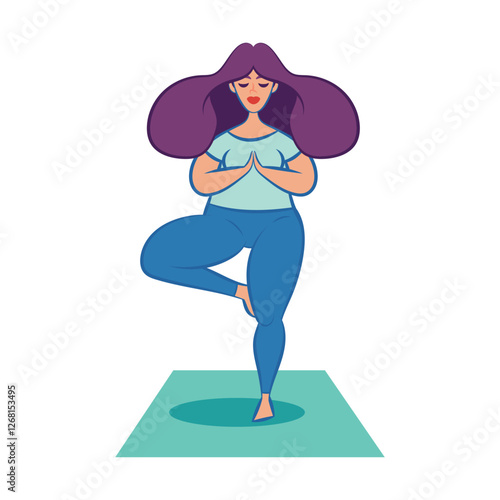 Cute woman practicing exercise yoga with tree pose or vrksasana. vector flat illustration isolated on white background