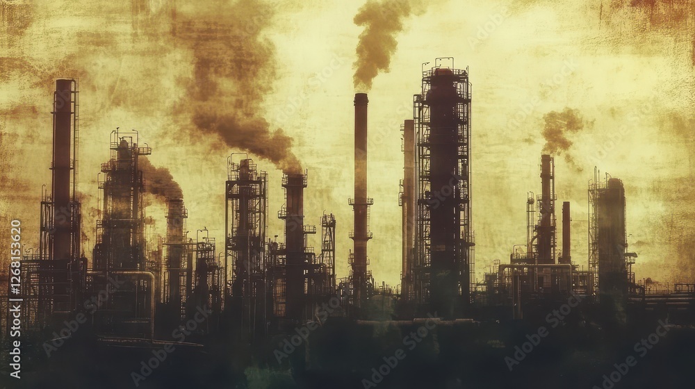 Industrial complex with chimneys emitting smoke against a textured sky Industrial complex with chimneys emitting smoke against a textured sky