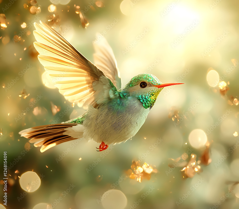 Fototapeta premium vibrant hummingbird in flight, showcasing its iridescent feathers and delicate wings, surrounded by soft, glowing background