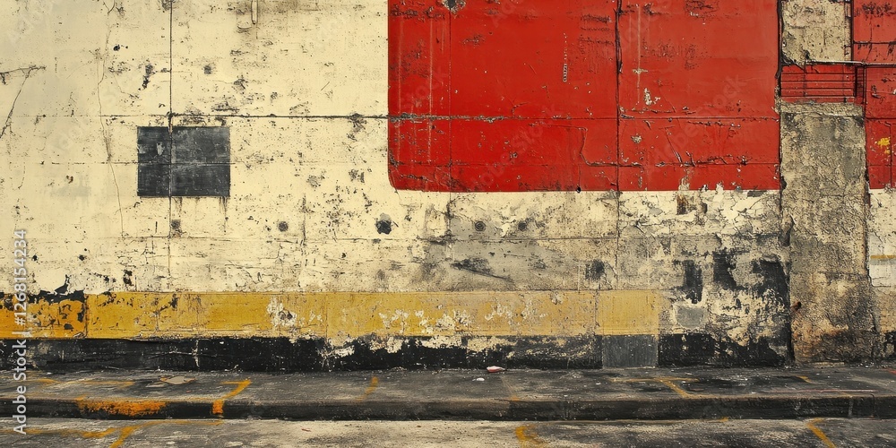 Naklejka premium Distressed concrete wall with geometric shapes and weathered paint