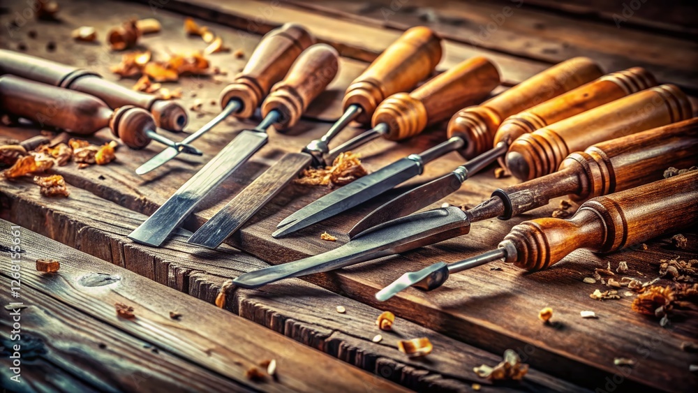 Close-up Candid Shot of Worn Wood Chisels on a Rustic Workbench