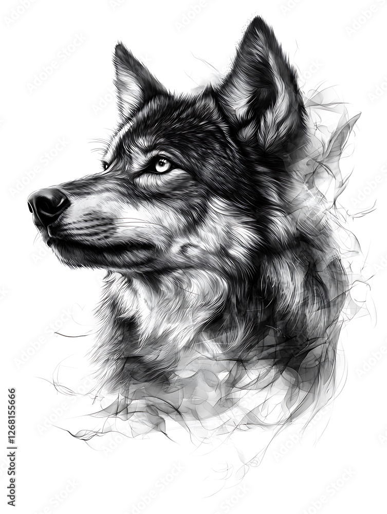 detailed black and white line art drawing of wolf head, showcasing its expressive features and fur texture detailed black and white line art drawing of wolf head, showcasing its expressive features and fur texture