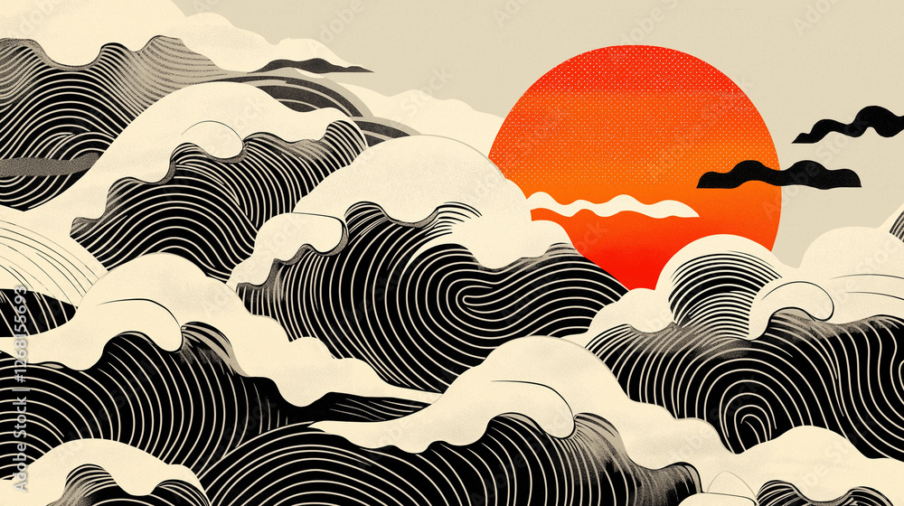 Stylized ocean waves in black and white with a blazing sun behind