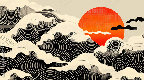 Obraz na płótnie Stylized ocean waves in black and white with a blazing sun behind w salonie