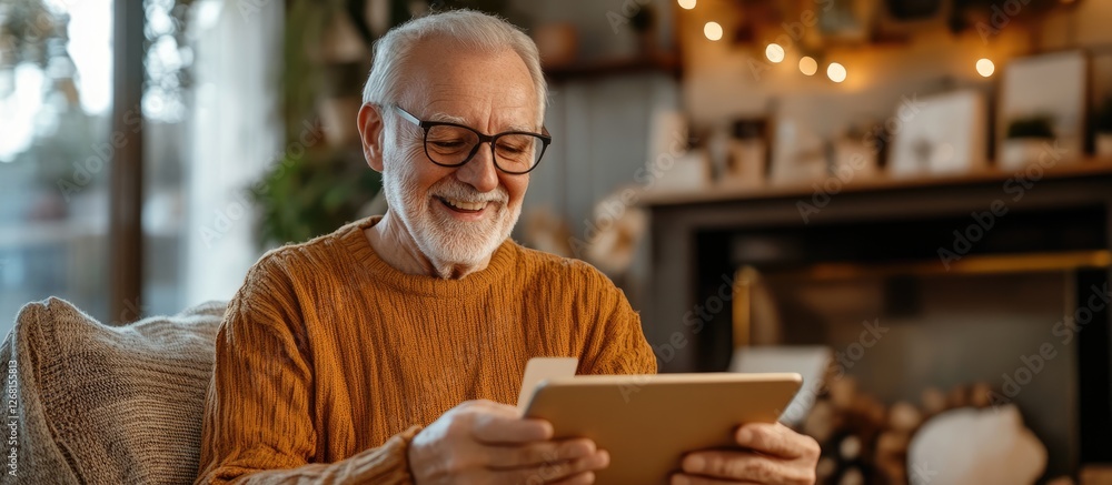 Smiling Senior Man Using a Tablet at Home Smiling Senior Man Using a Tablet at Home