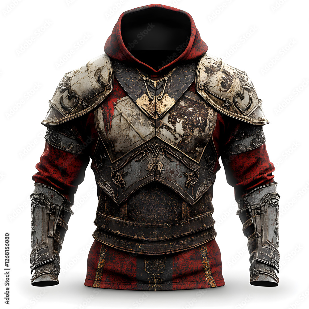 Fototapeta premium Epic Medieval Armor Knight Costume: Red Hoodie Heroic Cosplay Apparel for Gaming & Role-Playing