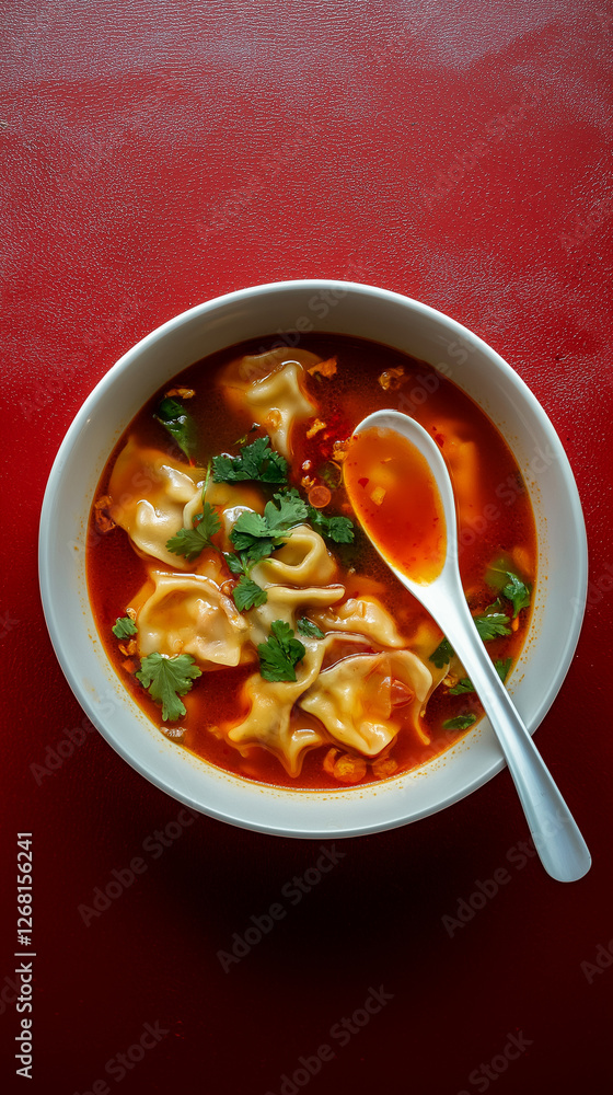 Spiced wonton soup on a red background with text space