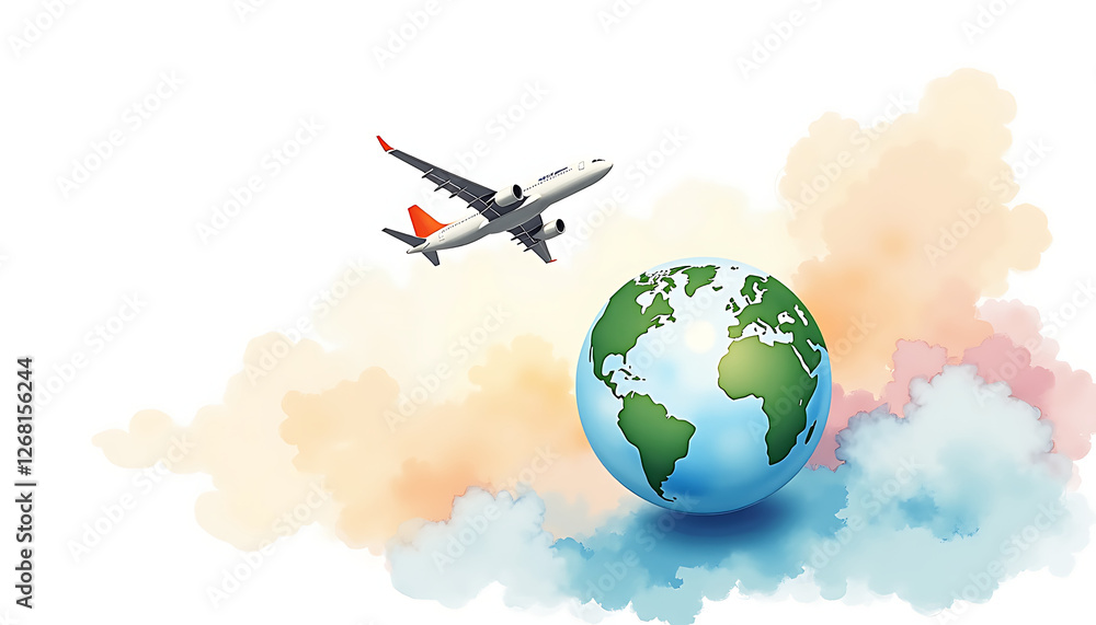 Naklejka premium Airplane flying over a globe with colorful clouds
