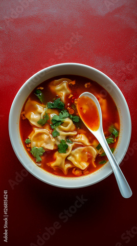 Obraz na płótnie Spiced wonton soup on a red background with text space w salonie
