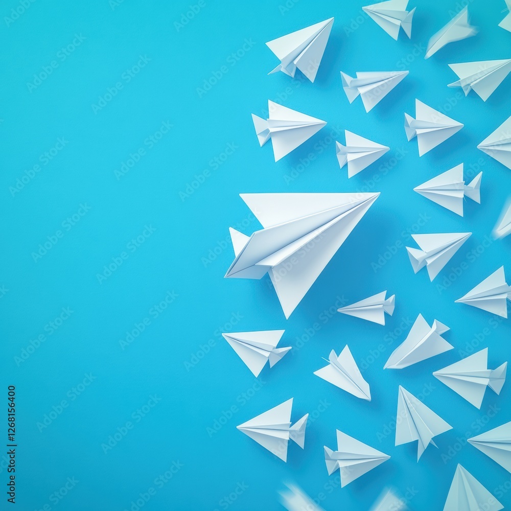 Group of paper planes flying in one direction with one individual pointing in a different direction for innovative ideas. Generative AI Group of paper planes flying in one direction with one individual pointing in a different direction for innovative ideas. Generative AI