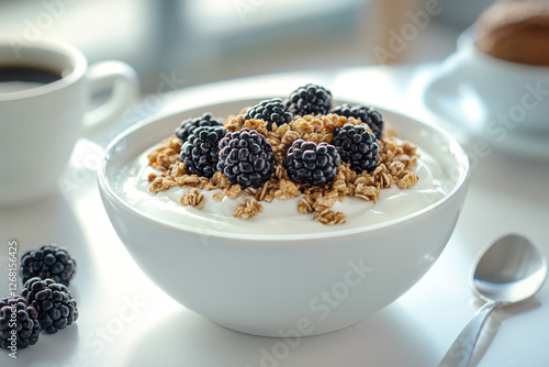 Bowl of yogurt topped with fresh berries and granola.