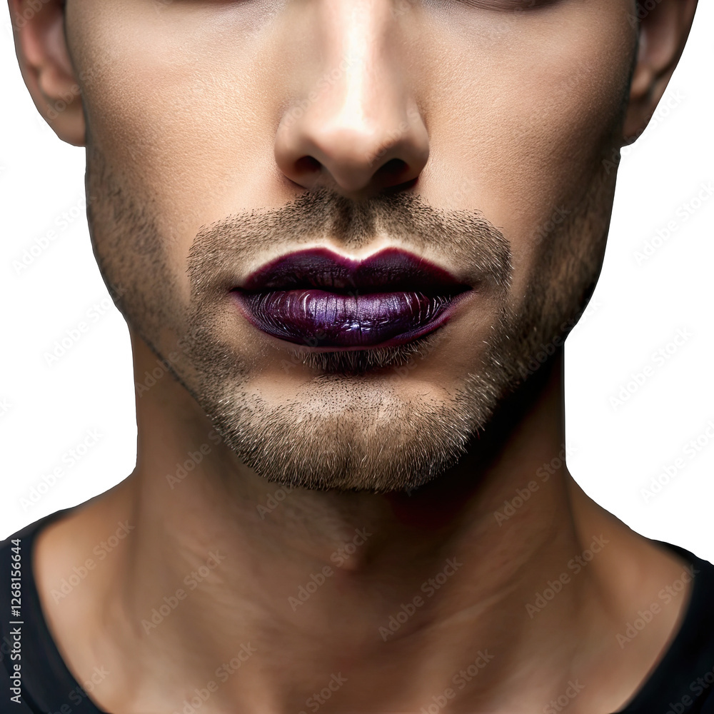 Fototapeta premium A man displays dark lips highlighting a modern beauty trend. This artistic representation focuses on individuality and self expression in contemporary culture
