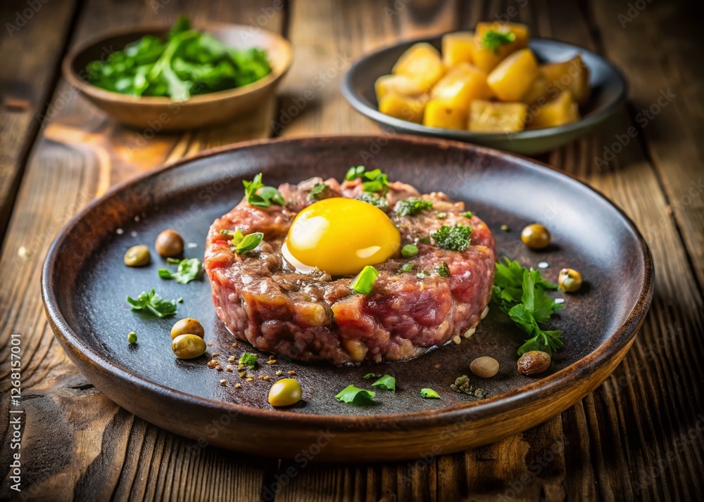 Close-up of Rustic Hackepeter Tartare: Raw Beef, Egg Yolk, Spices & Potatoes – Low Light Food Photography Close-up of Rustic Hackepeter Tartare: Raw Beef, Egg Yolk, Spices & Potatoes – Low Light Food Photography