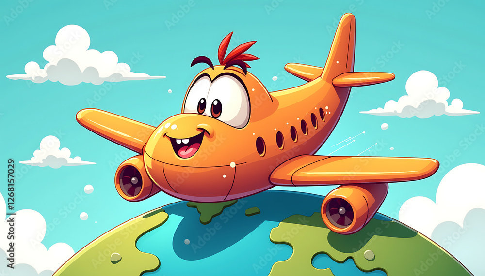 Naklejka premium Cartoon airplane smiling in the sky above Earth