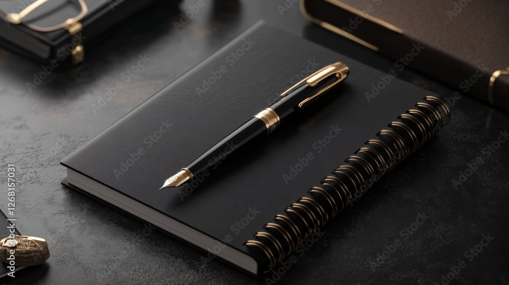 Elegant Black and Gold Pen Resting on Leather Notebook on Dark Textured Table Elegant Black and Gold Pen Resting on Leather Notebook on Dark Textured Table