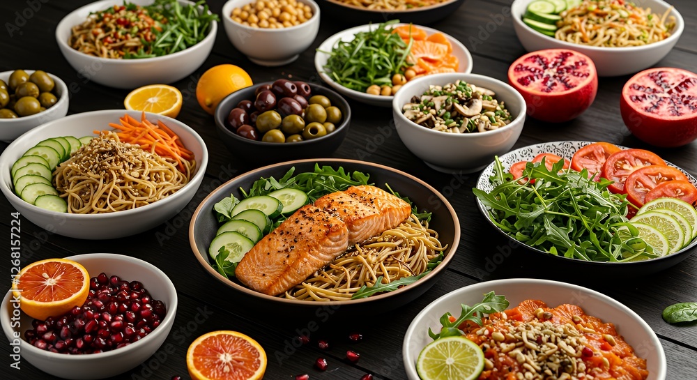 Healthy Food Bowls Variety with Salmon, Salads, and Fresh Fruits Healthy Food Bowls Variety with Salmon, Salads, and Fresh Fruits