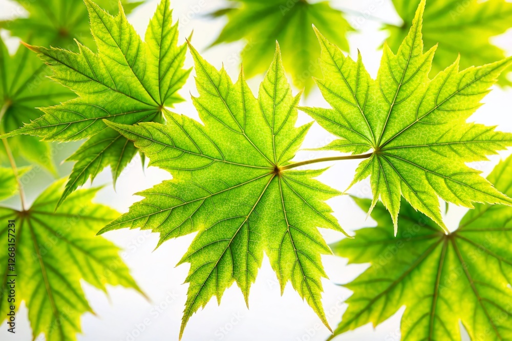 Close-up of Vibrant Green Maple Leaves Isolated on White Background - Night Photography