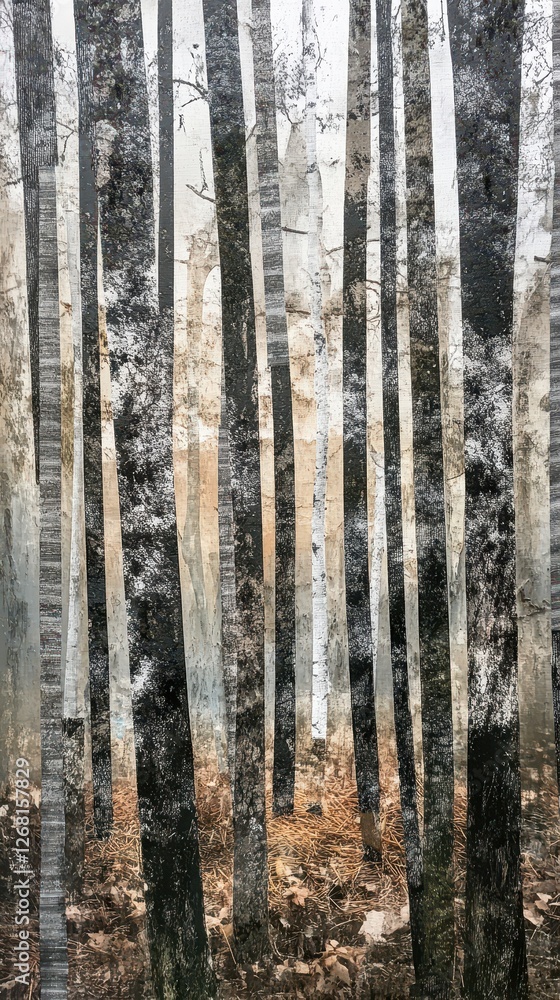 Fototapeta premium Abstract rendering features a dense forest of birch trees