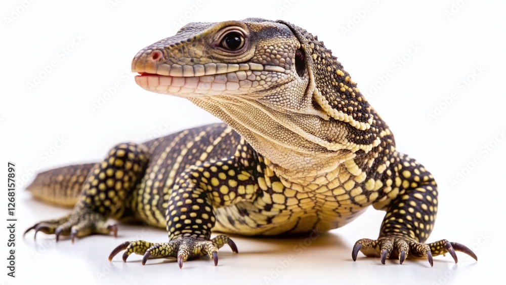Obraz premium Clouded Monitor Lizard, Varanus nebulosus, Reptile, Isolated, White Background Stock Photo