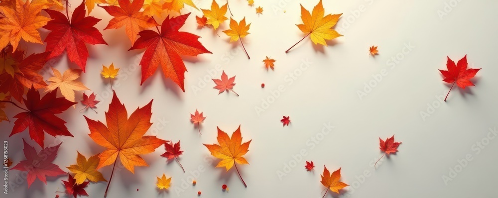 Fall foliage in vibrant hues scattered on a plain background with empty space , empty landscape, landscape, color palette Fall foliage in vibrant hues scattered on a plain background with empty space , empty landscape, landscape, color palette