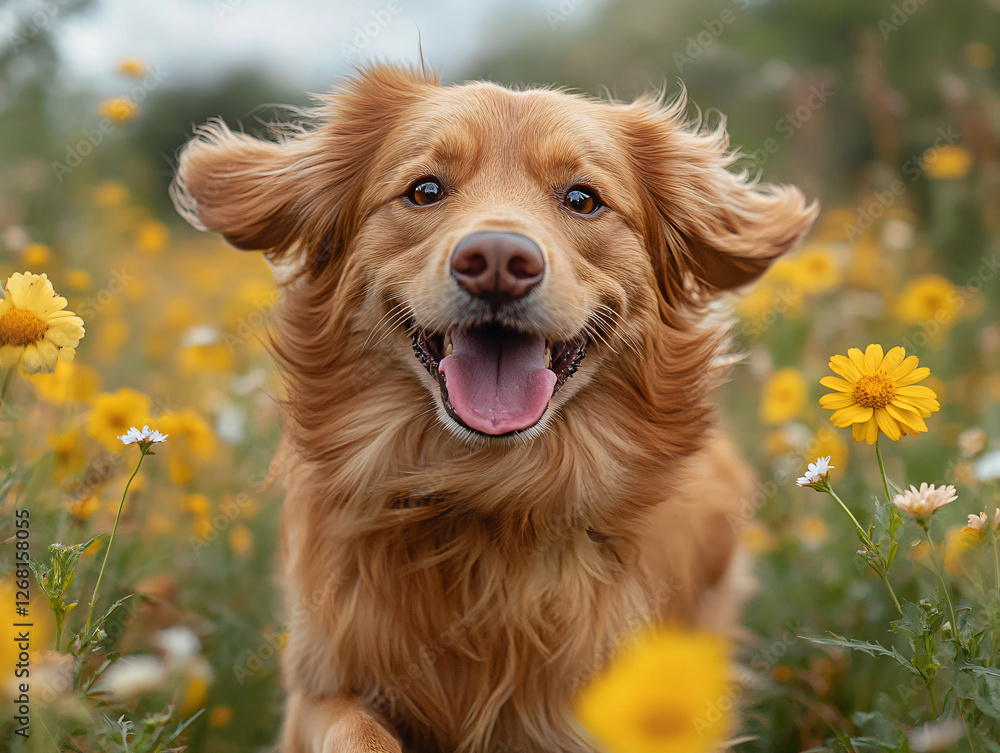 A joyful dog plays in a vibrant field of wildflowers, perfect for pet-related marketing, springtime promotions, and nature-themed designs. A joyful dog plays in a vibrant field of wildflowers, perfect for pet-related marketing, springtime promotions, and nature-themed designs.