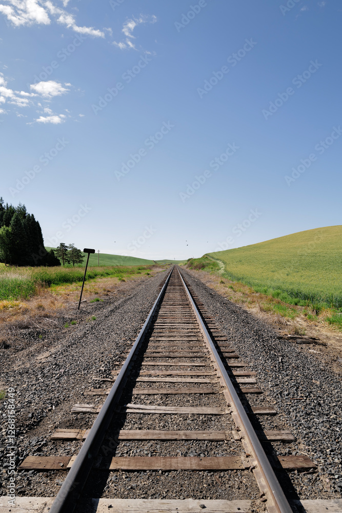 Vertical view of Railroad tracks used for the transport of farm goods in the Palouse region of Washington State Vertical view of Railroad tracks used for the transport of farm goods in the Palouse region of Washington State