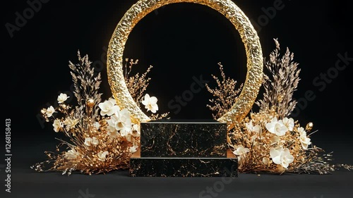 Elegant golden circle display with floral arrangements on a black background for a celebration or award event