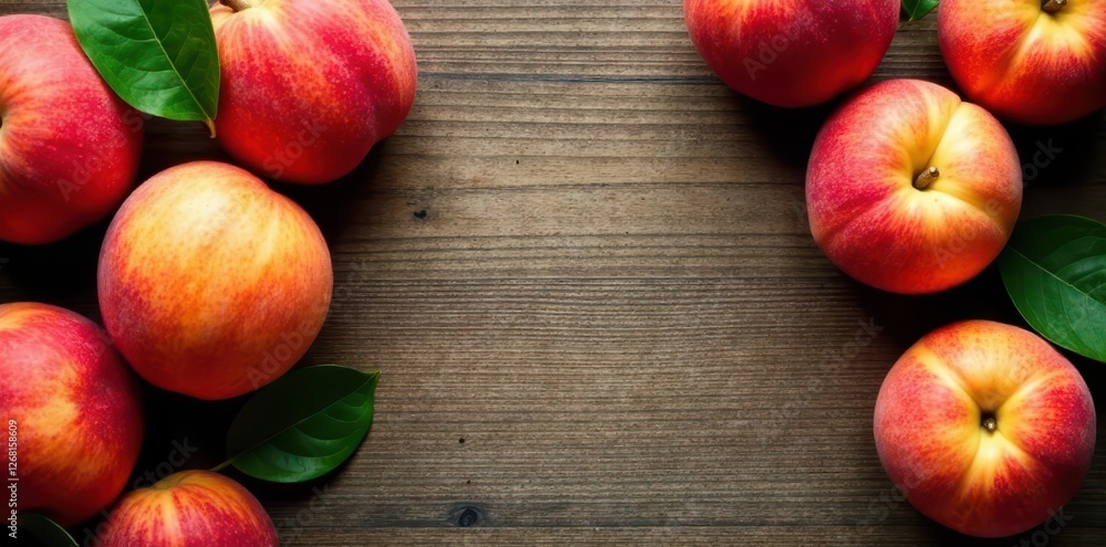 Fresh peaches arranged artfully on a wooden table top, wood, summer, rustic Fresh peaches arranged artfully on a wooden table top, wood, summer, rustic
