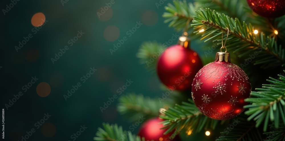 Glossy red & gold baubles on Christmas tree branch, red, christmas tree, winter decor Glossy red & gold baubles on Christmas tree branch, red, christmas tree, winter decor