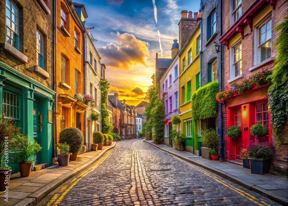 Fototapeta premium Colorful Deserted London Street: High Depth of Field Stock Photo