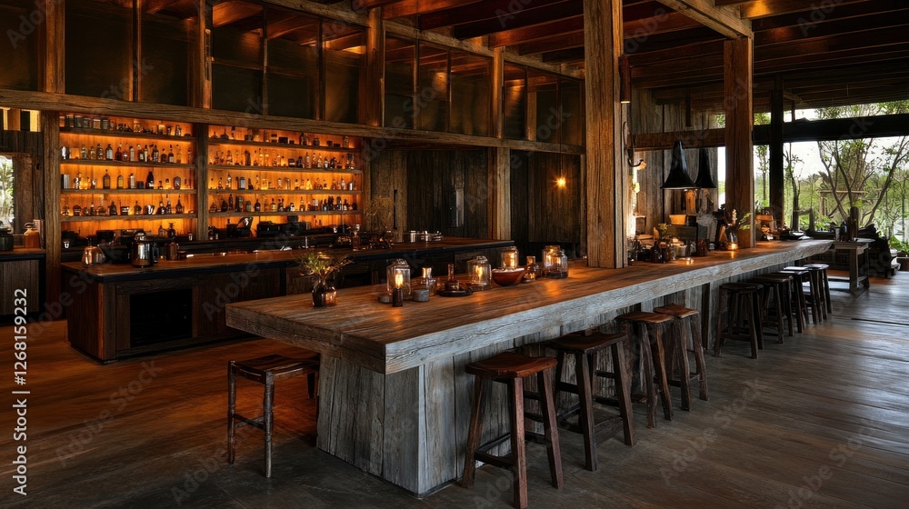 Rustic Wooden Bar With Extensive Liquor Selection Rustic Wooden Bar With Extensive Liquor Selection