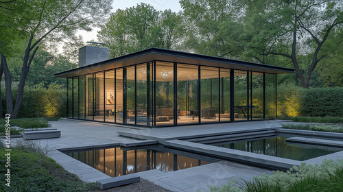 Sleek clean-cut glass pavilion contrasting with steel gray structure for modern architectural innovation and style