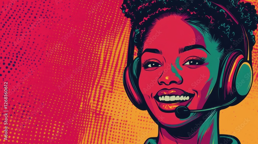 Vibrant Pop Art Portrait of a Smiling Woman with Headset Vibrant Pop Art Portrait of a Smiling Woman with Headset