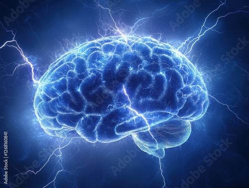 Concept of brain activity with electric impulses in a blue digital style