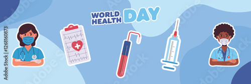 "World Health Day Medical Illustration Healthcare Professionals Doctor Nurse Icons Stethoscope Syringe Thermometer Medical Equipment Vector Design for Clinics Hospitals and Awareness Campaigns"
