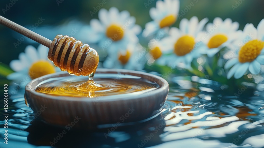 Honey Dripping Into Bowl Near Daisies Honey Dripping Into Bowl Near Daisies