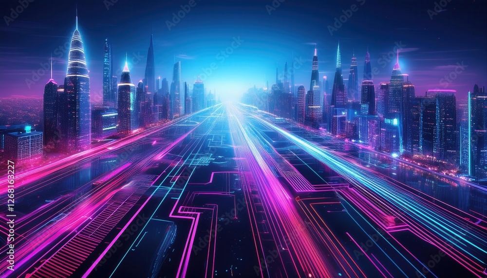 Neon Cyberpunk Cityscape with Advanced Futuristic Digital Elements Neon Cyberpunk Cityscape with Advanced Futuristic Digital Elements