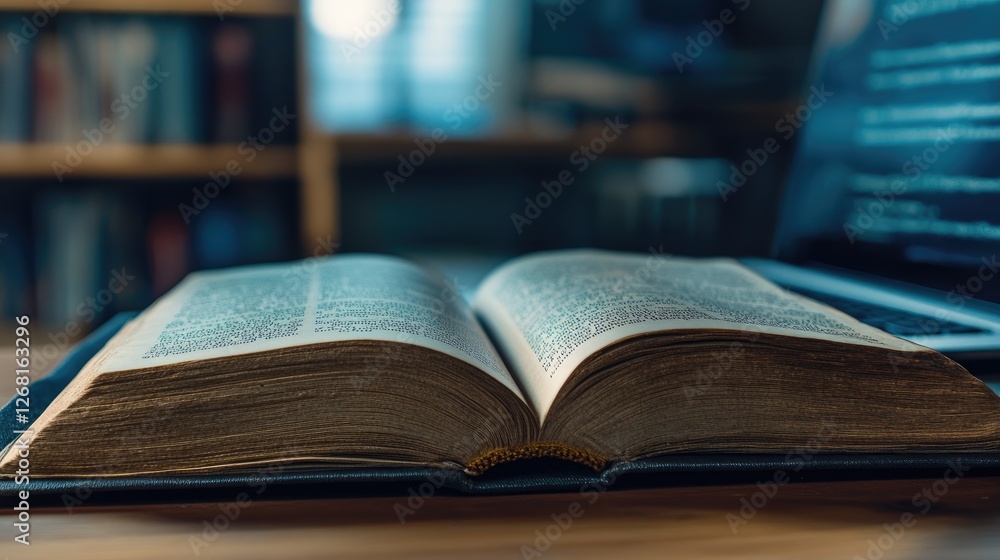 Open Antique Book with Blurred Laptop in Background Open Antique Book with Blurred Laptop in Background