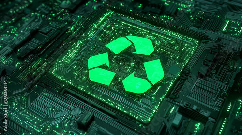 A stylized green recycle symbol is integrated into a circuit board, embodying the harmony of technological innovation and eco-friendly practices in modern green technology