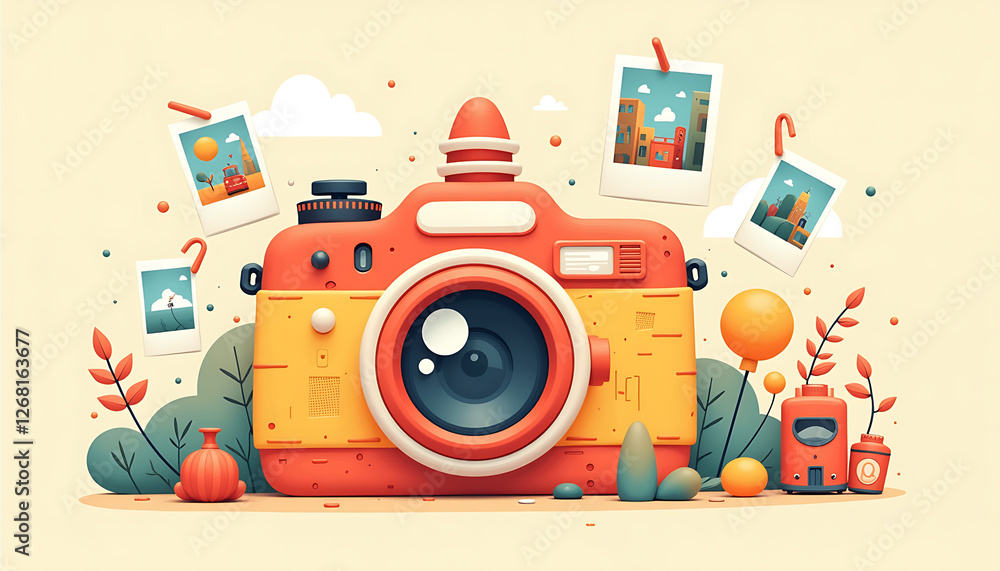 Obraz premium Illustrative camera with colorful elements and photos in background