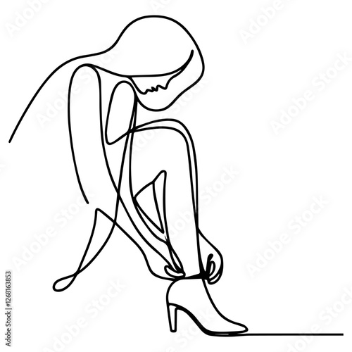 Line drawing of woman putting on shoes on white background