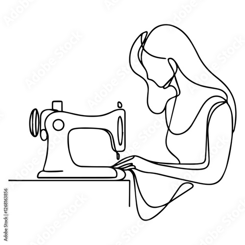 Line drawing of woman sewing fabric on a sewing machine