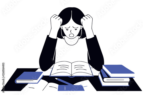 Female student exhausted due to exam preparation. Deadline concept. Vector flat illustration