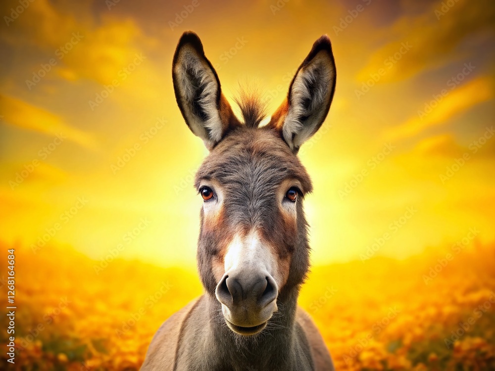 Cute Donkey on Vibrant Yellow Background - Stock Photo