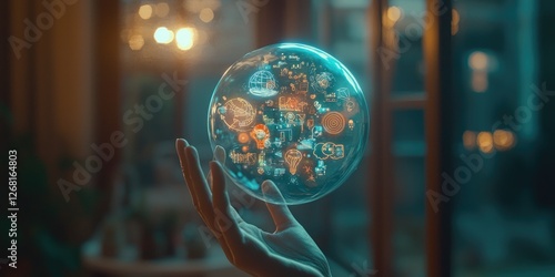 A person holding a thought bubble with floating symbols and ideas, representing the act of shaping and refining concepts photo